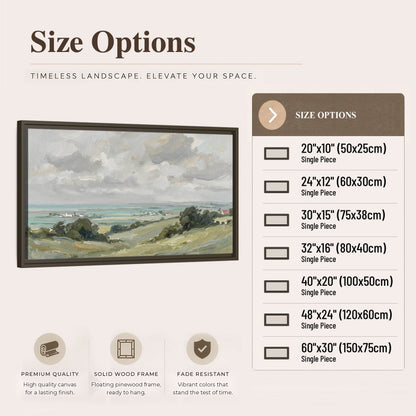 Coastal Countryside framed canvas wall art size options chart