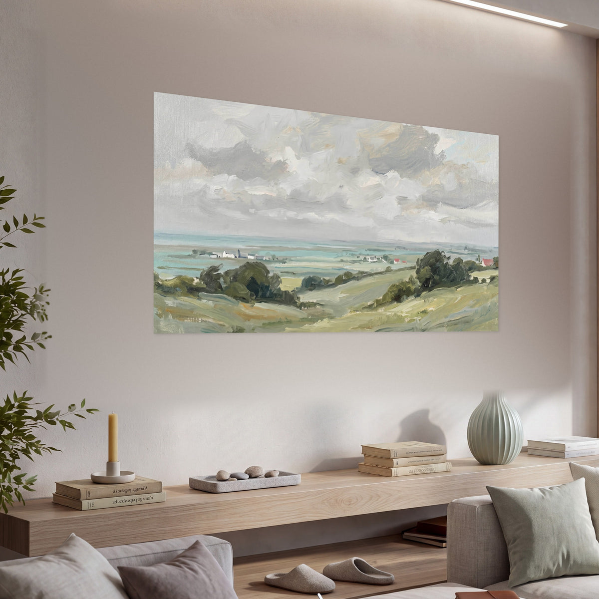 Coastal Countryside poster print, single panoramic piece hanging in a living room with a long console