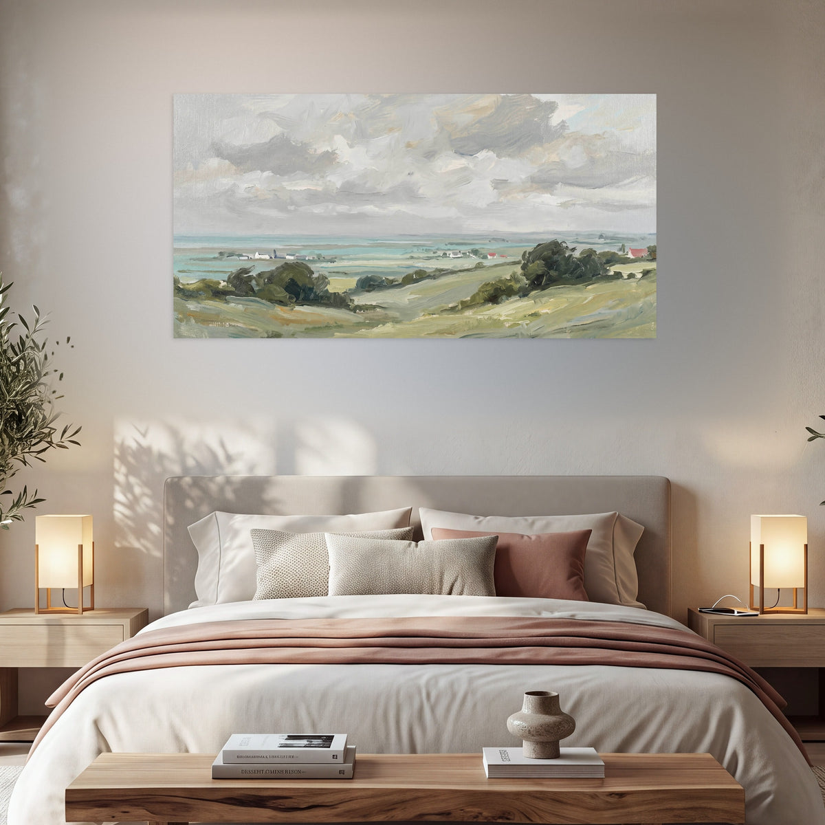 Coastal Countryside poster print, single panoramic piece hanging in a cozy bedroom