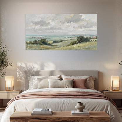 Coastal Countryside poster print, single panoramic piece hanging in a cozy bedroom