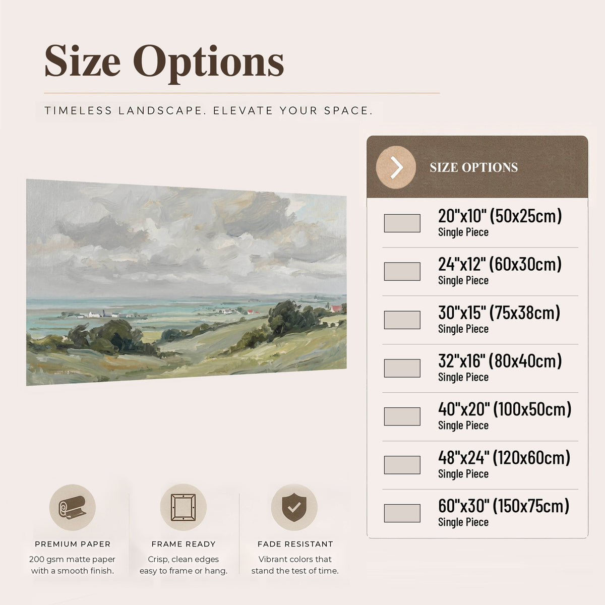 Coastal Countryside poster print size options chart