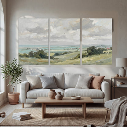 Coastal Countryside set of 3 poster prints hanging in a bright living room