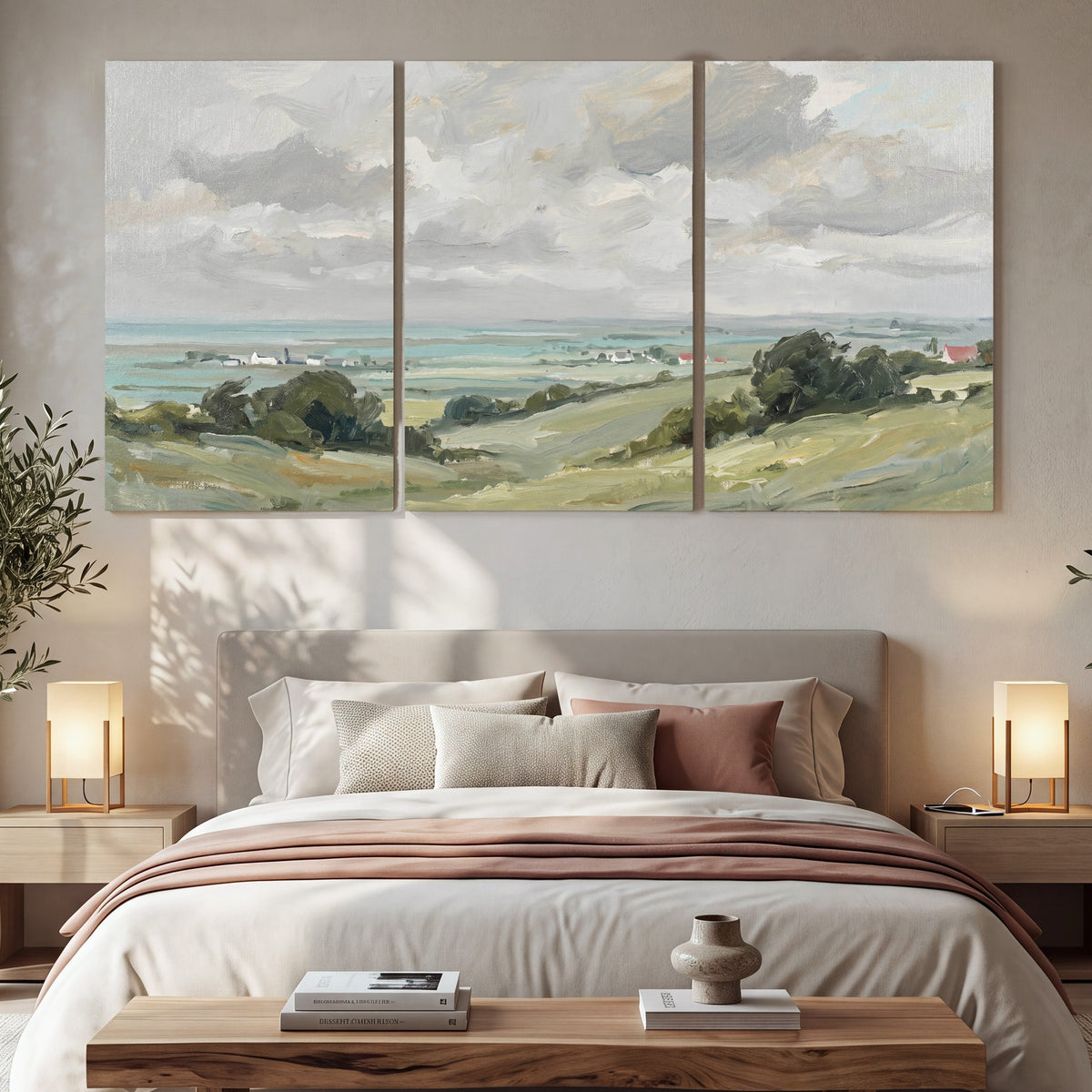 Coastal Countryside set of 3 poster prints hanging in a cozy bedroom