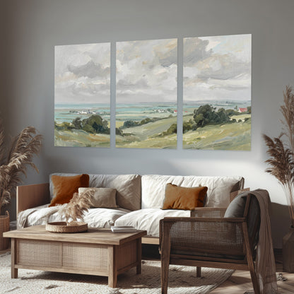 Coastal Countryside set of 3 poster prints hanging in a rustic living room