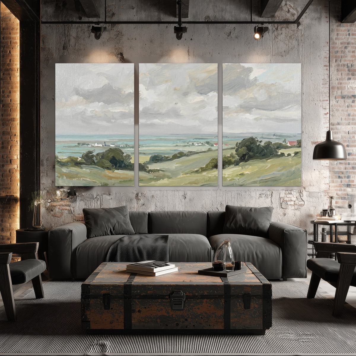 Coastal Countryside set of 3 poster prints hanging in an industrial loft