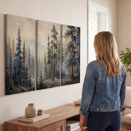 Pine forest mountain painting 3 piece canvas wall art in a living room