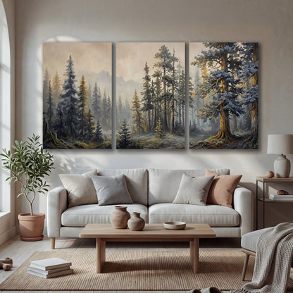 Pine forest mountain painting 3 piece canvas wall art in a bright living room
