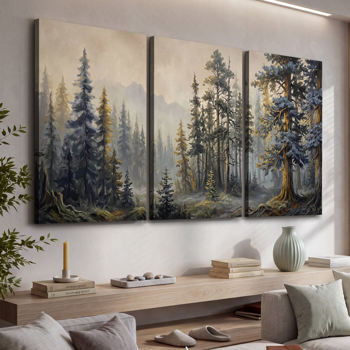Pine forest mountain painting 3 piece canvas wall art in a living room above a console