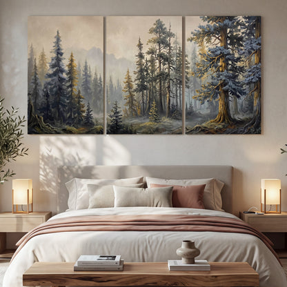Pine forest mountain painting 3 piece canvas wall art in a bedroom above the bed
