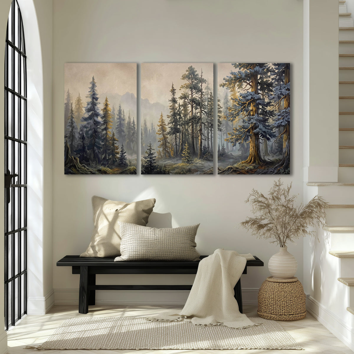 Pine forest mountain painting 3 piece canvas wall art in an entryway above a bench
