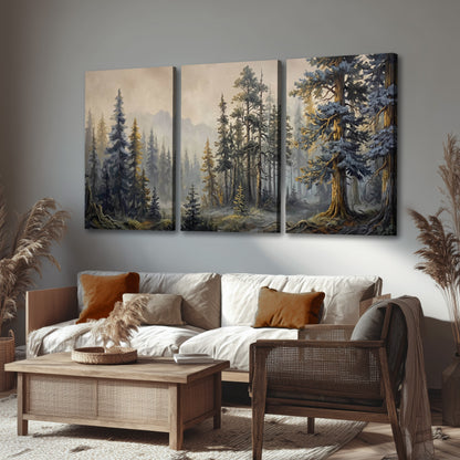 Pine forest mountain painting 3 piece canvas wall art in a rustic living room