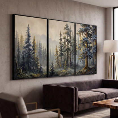Pine forest mountain painting 3 piece canvas wall art in a modern living room