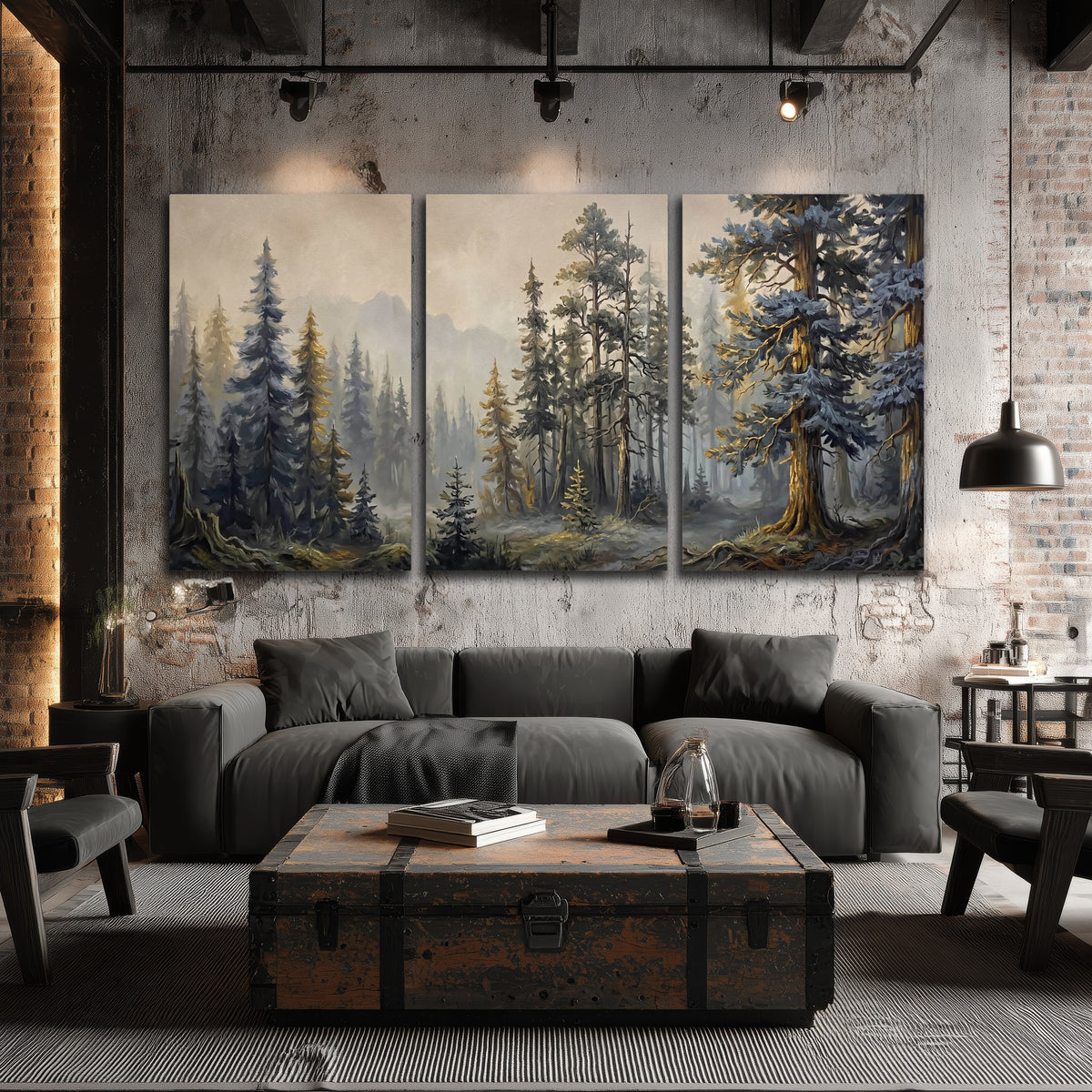 Pine forest mountain painting 3 piece canvas wall art in an industrial loft