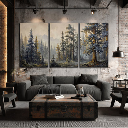 Pine forest mountain painting 3 piece canvas wall art in an industrial loft