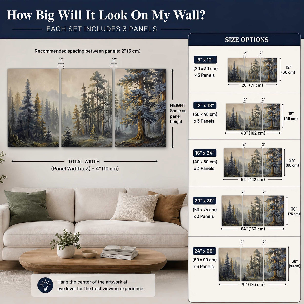 Pine forest mountain painting 3 piece canvas wall art size guide above a sofa