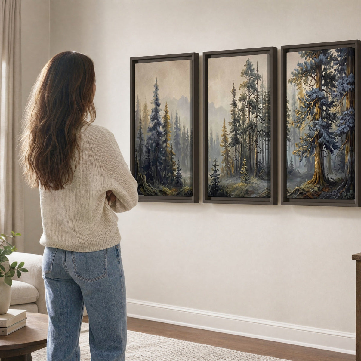 Pine forest mountain painting 3 piece framed canvas in a living room