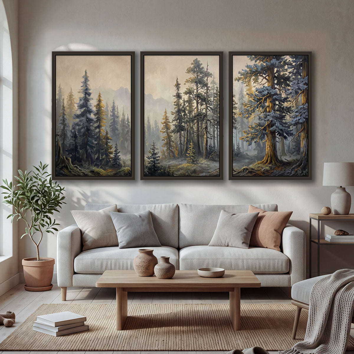 Pine forest mountain painting 3 piece framed canvas in a bright living room