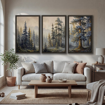 Pine forest mountain painting 3 piece framed canvas in a bright living room