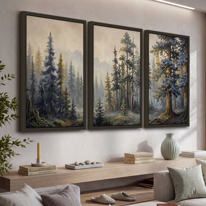 Pine forest mountain painting 3 piece framed canvas in a living room above a console