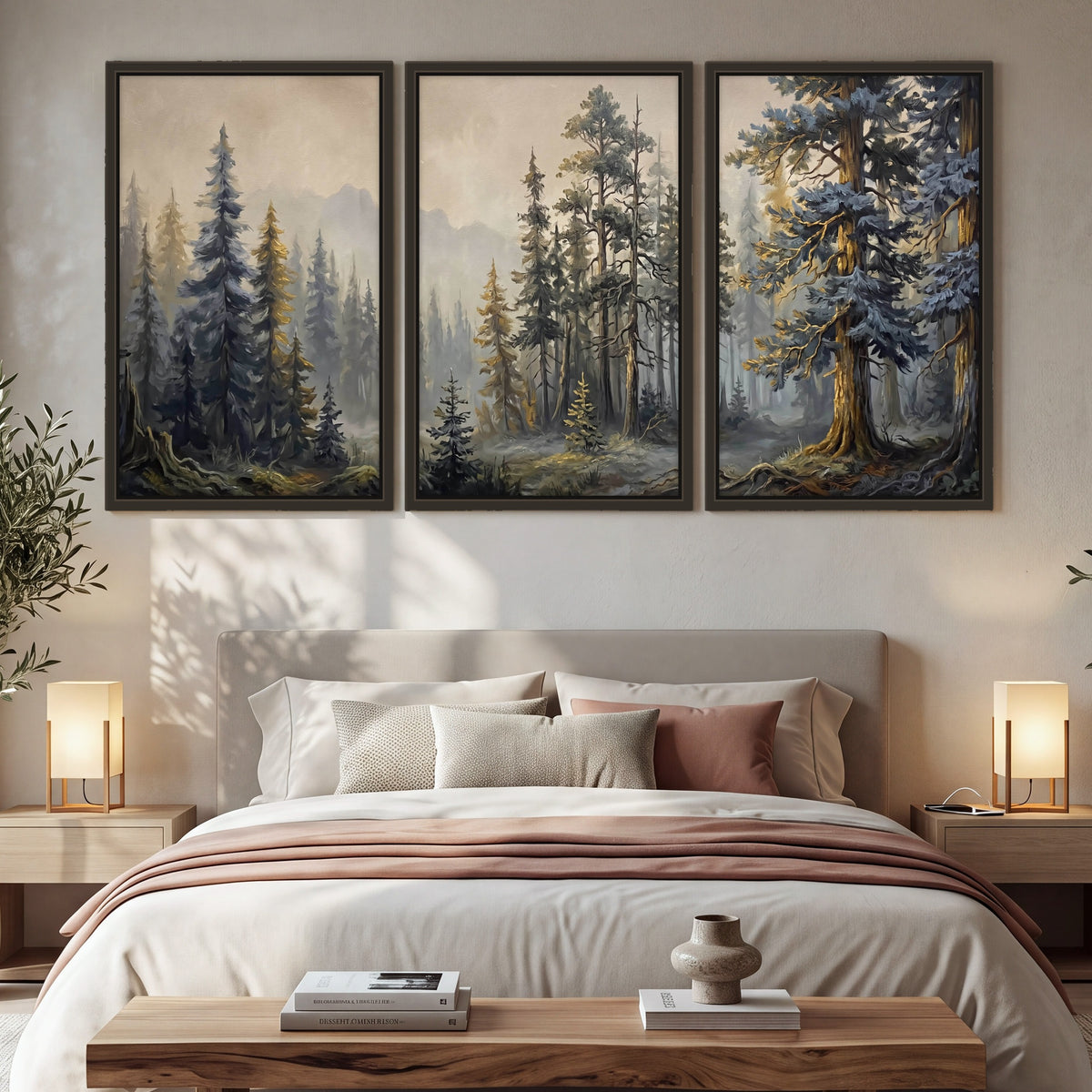 Pine forest mountain painting 3 piece framed canvas in a bedroom above the bed