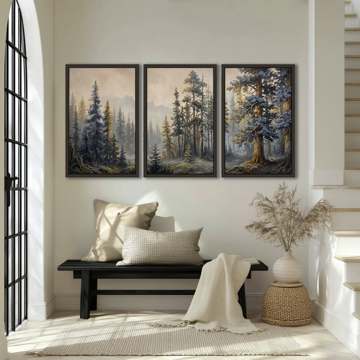 Pine forest mountain painting 3 piece framed canvas in an entryway above a bench