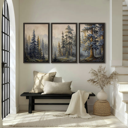 Pine forest mountain painting 3 piece framed canvas in an entryway above a bench