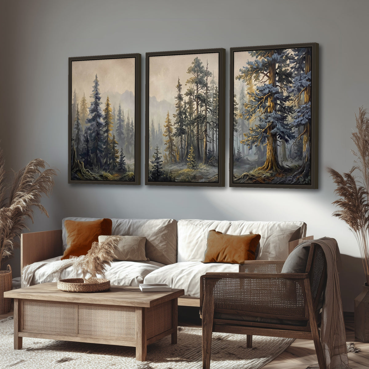 Pine forest mountain painting 3 piece framed canvas in a rustic living room