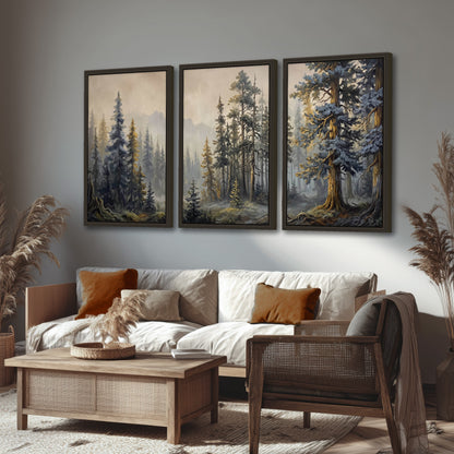 Pine forest mountain painting 3 piece framed canvas in a rustic living room