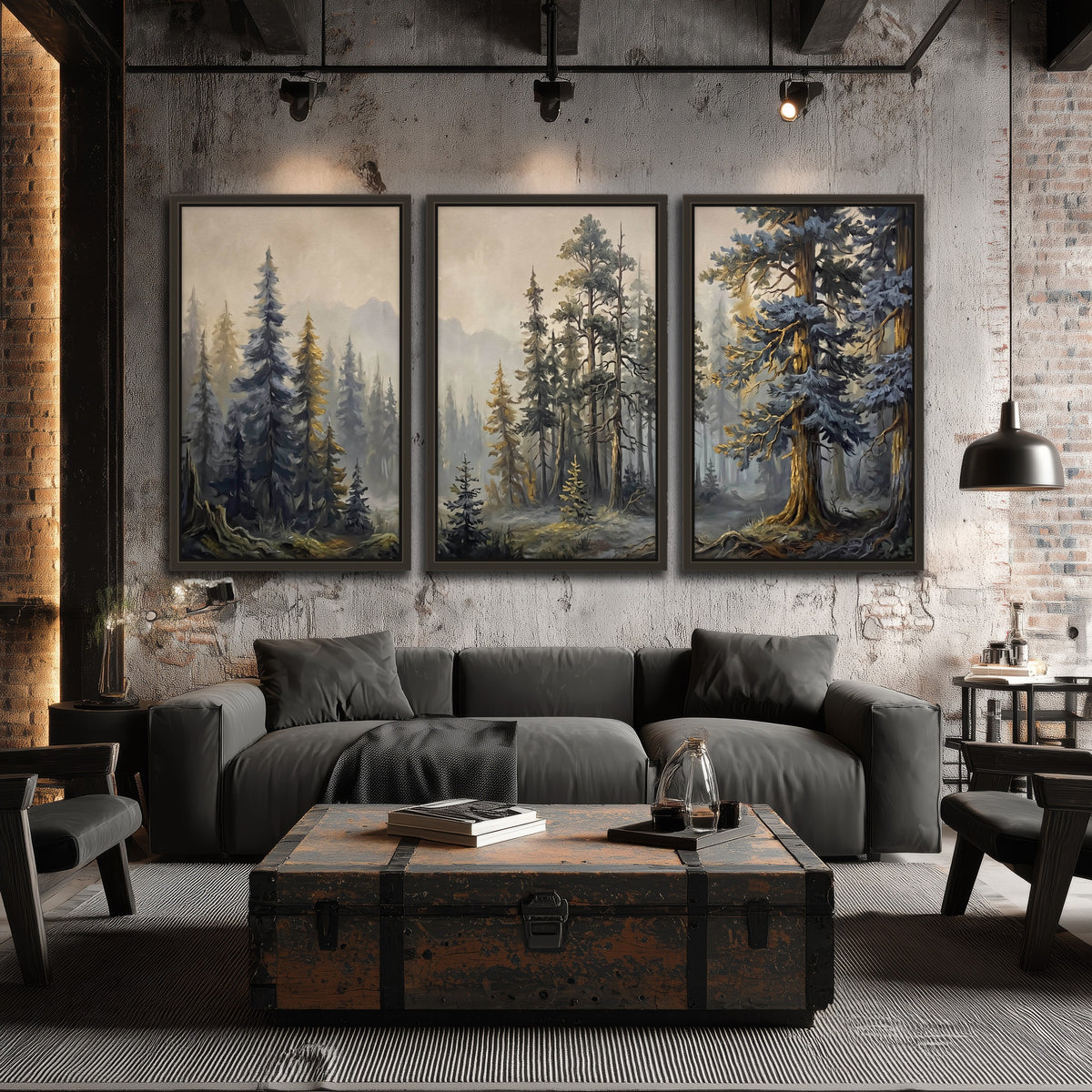 Pine forest mountain painting 3 piece framed canvas in an industrial loft