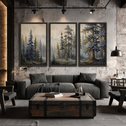 Pine forest mountain painting 3 piece framed canvas in an industrial loft