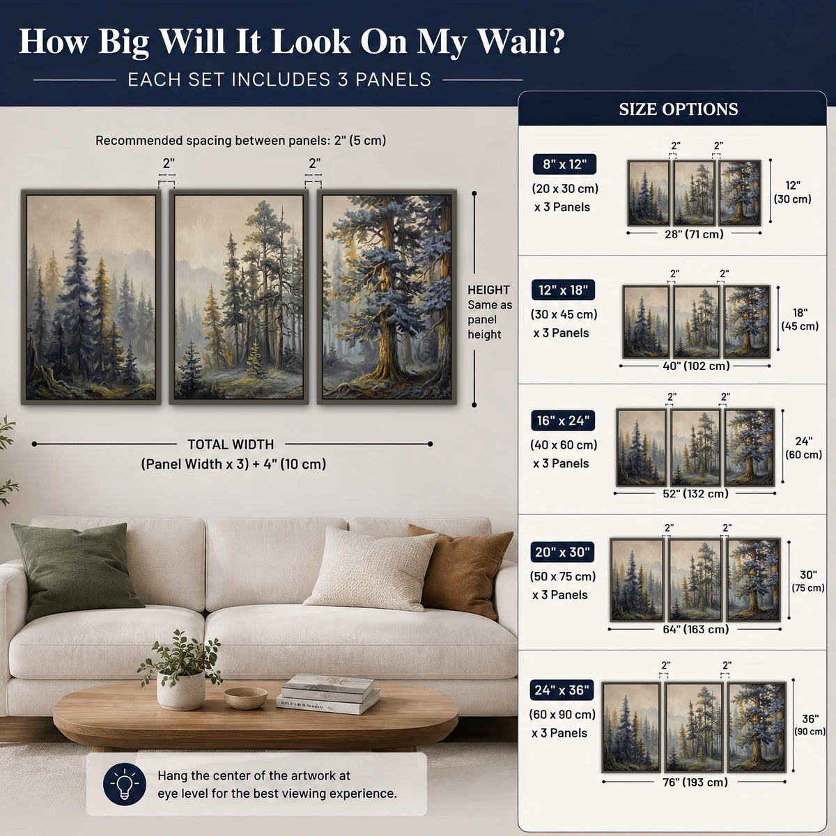Pine forest mountain painting 3 piece framed canvas size guide above a sofa