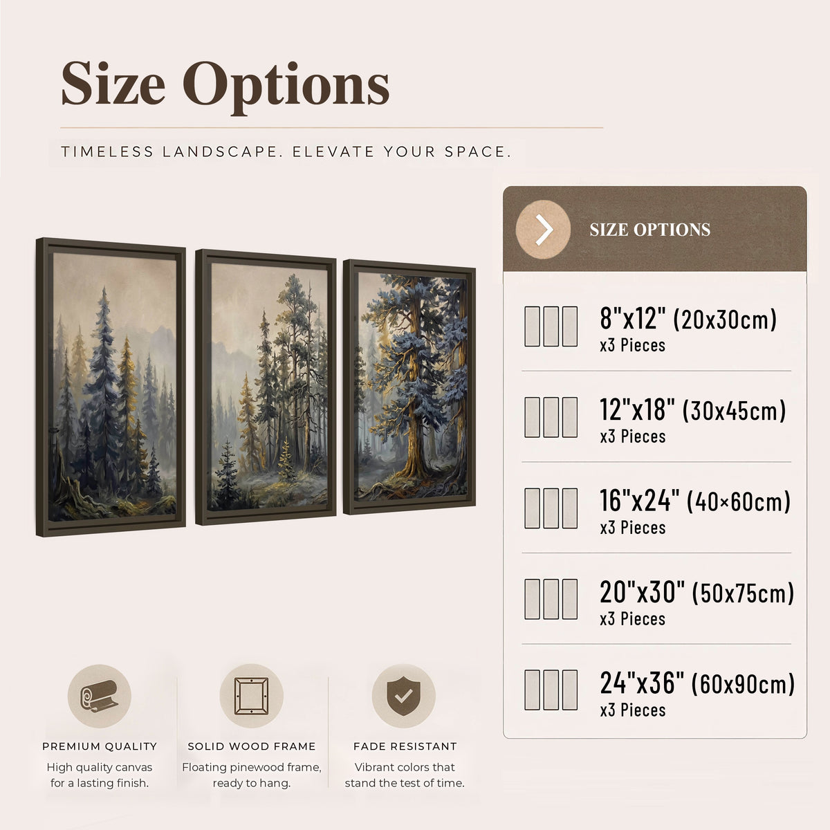 Pine forest mountain painting 3 piece framed canvas size options