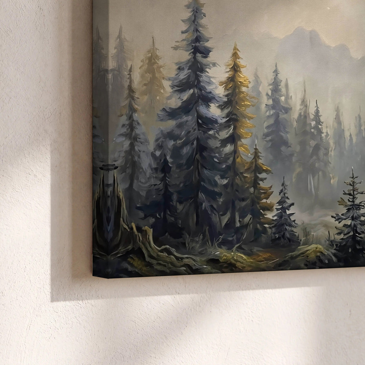 Pine forest mountain painting canvas print close-up showing the gallery-wrapped edge