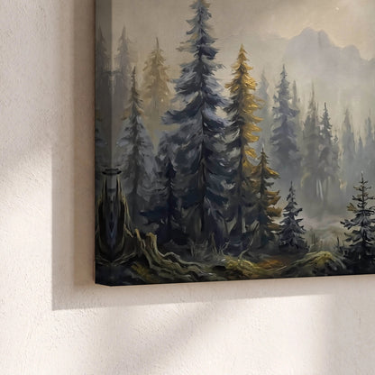 Pine forest mountain painting canvas print close-up showing the gallery-wrapped edge