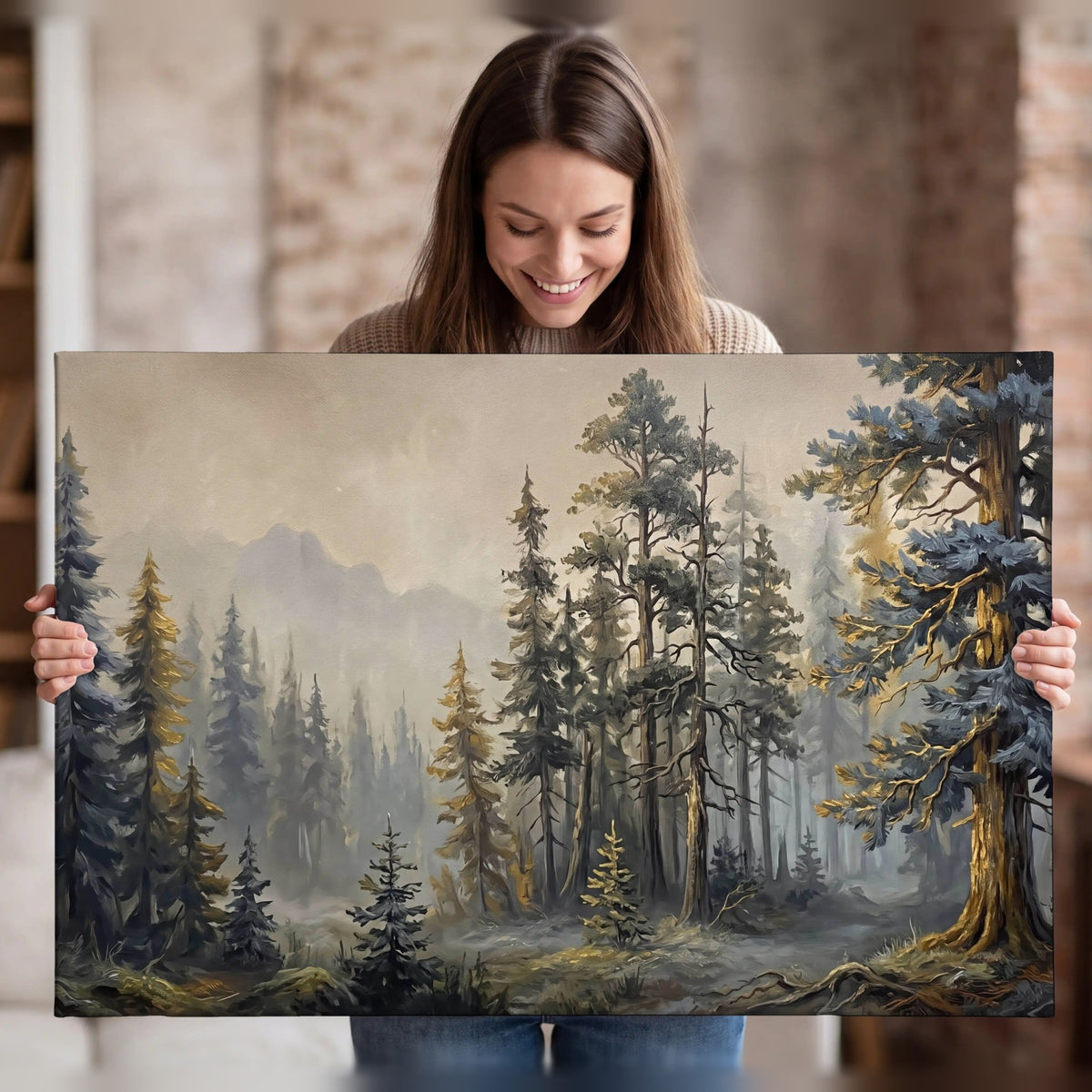 Pine forest mountain painting canvas wall art held in hands