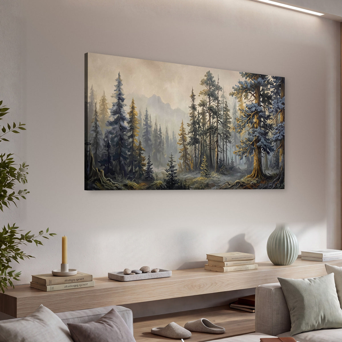 Pine forest mountain painting canvas wall art in a living room above a console
