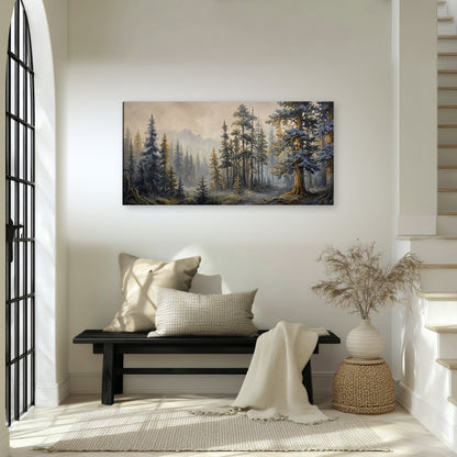 Pine forest mountain painting canvas wall art in an entryway above a bench