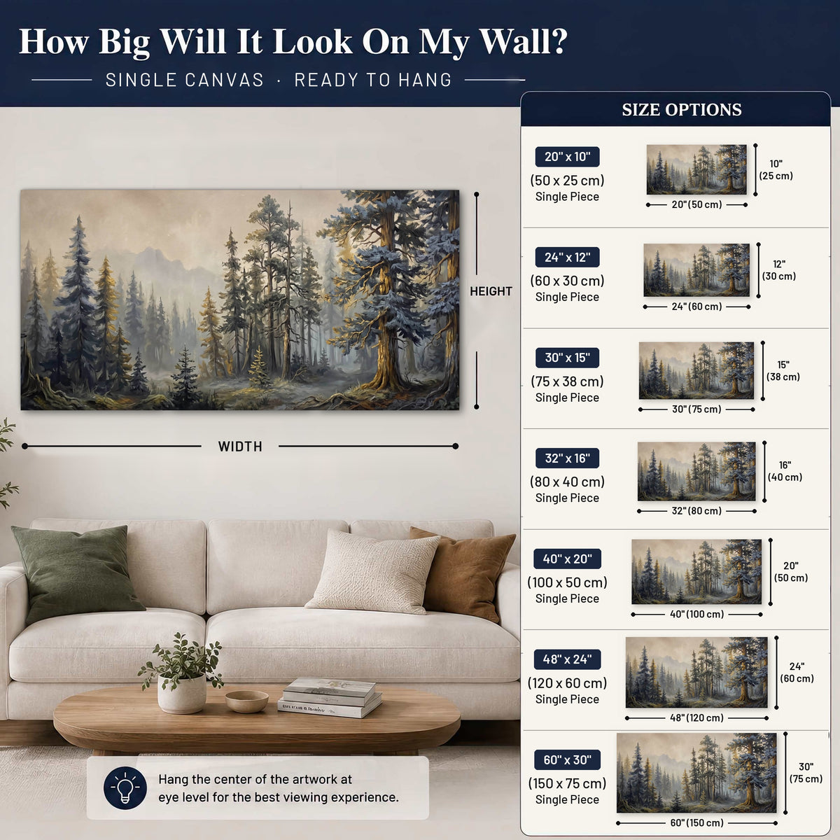 Pine forest mountain painting canvas wall art size guide above a sofa