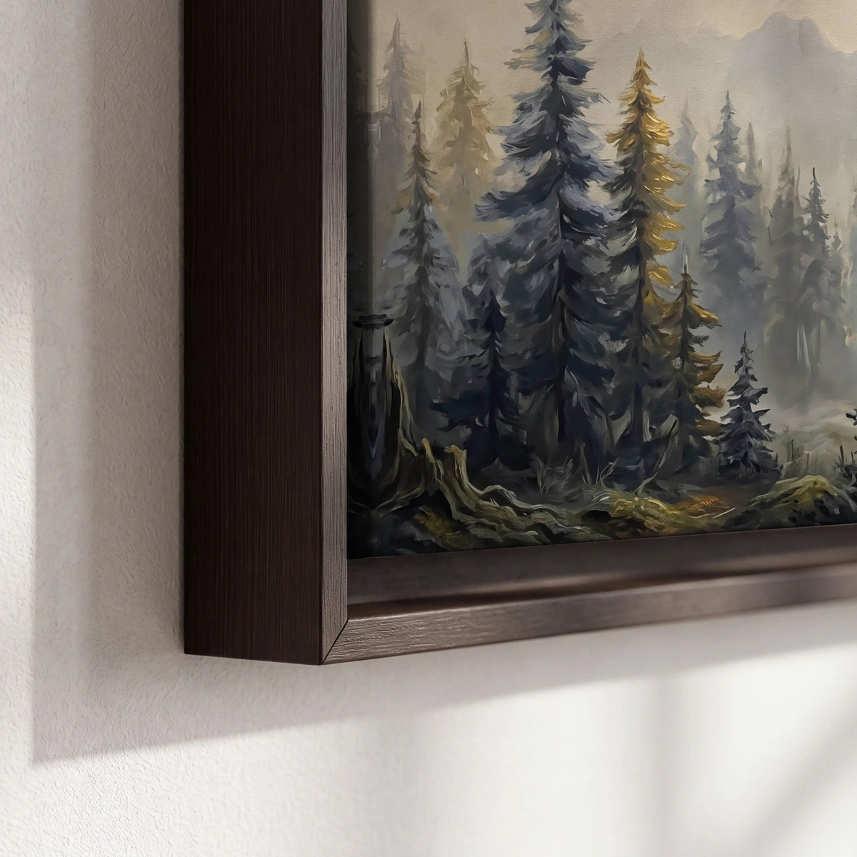 Pine forest mountain painting framed canvas close-up showing the floating frame