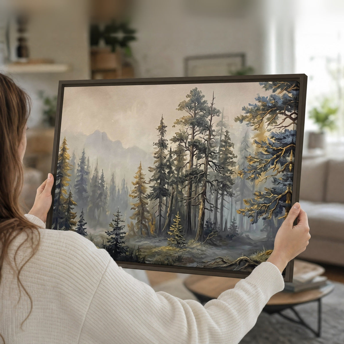 Pine forest mountain painting framed canvas held in hands