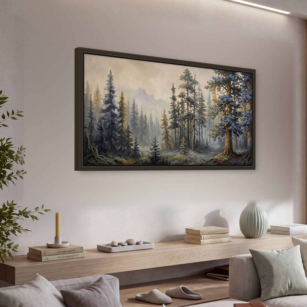 Pine forest mountain painting framed canvas wall art in a living room above a console