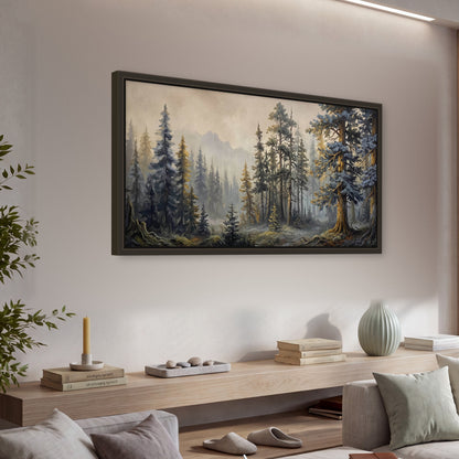 Pine forest mountain painting framed canvas wall art in a living room above a console