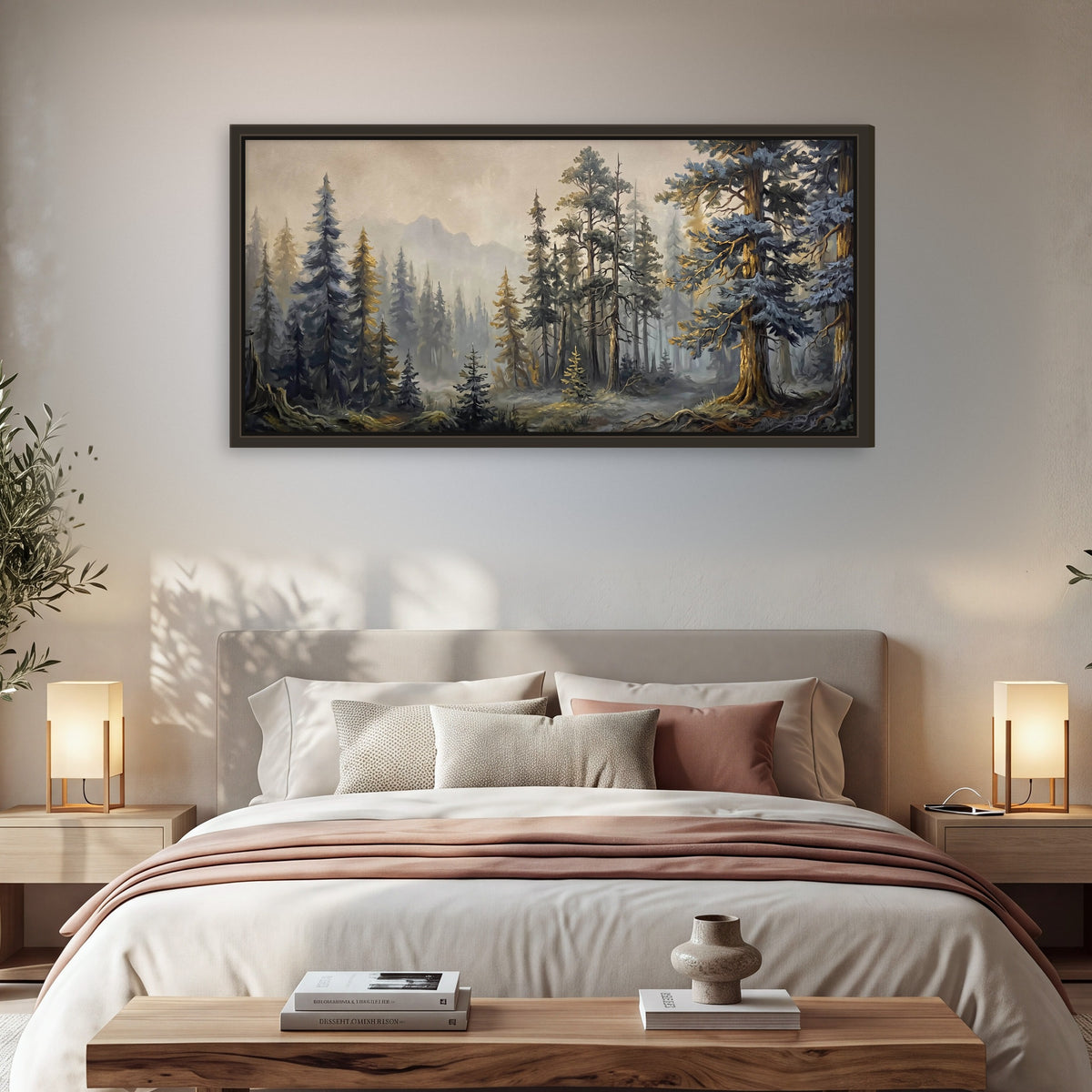 Pine forest mountain painting framed canvas wall art in a bedroom above the bed