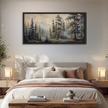 Pine forest mountain painting framed canvas wall art in a bedroom above the bed