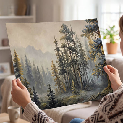 Pine forest mountain painting poster print held in hands