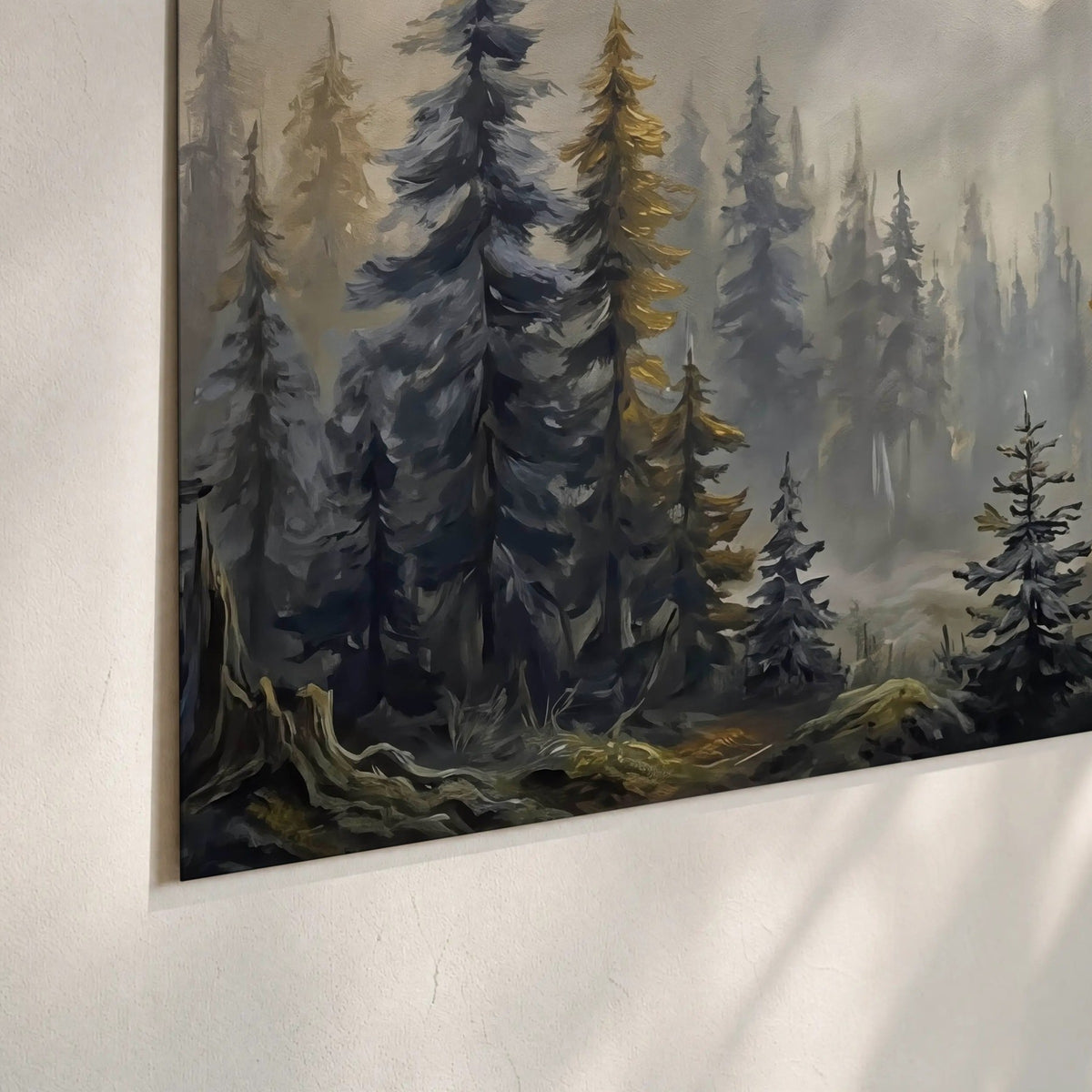 Pine forest mountain painting poster print close-up on matte paper