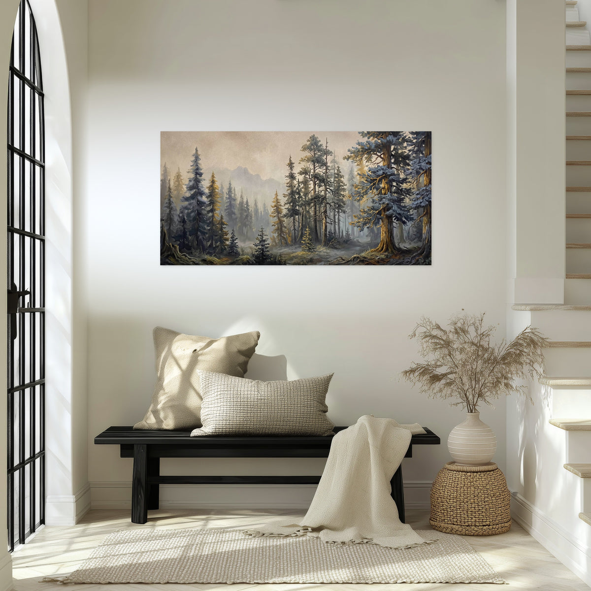 Pine forest mountain painting poster print in an entryway above a bench