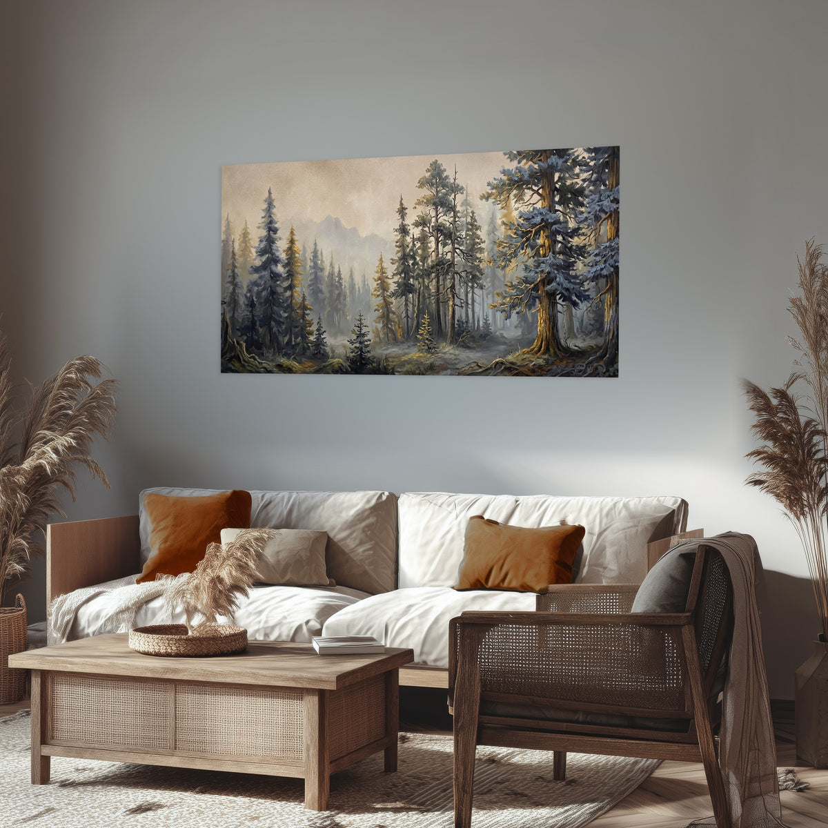 Pine forest mountain painting poster print in a rustic living room