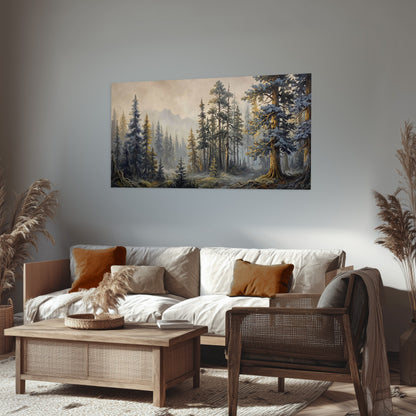 Pine forest mountain painting poster print in a rustic living room