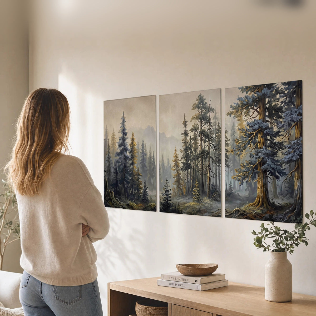 Pine forest mountain painting set of 3 poster prints in a living room